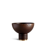 Alhambra Bowl - Medium. Hand-carved, fine smoked ash bowl floating on stacked wood pedestal with a brass base.