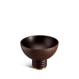 Alhambra Bowl - Medium. Hand-carved, fine smoked ash bowl floating on stacked wood pedestal with a brass base.