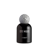 black bell shaped glass bottle with white lettering topped with a round crackle top