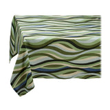 Linen rectangular tablecloth with an organic, undulating pattern in blue, green and ivory hues.