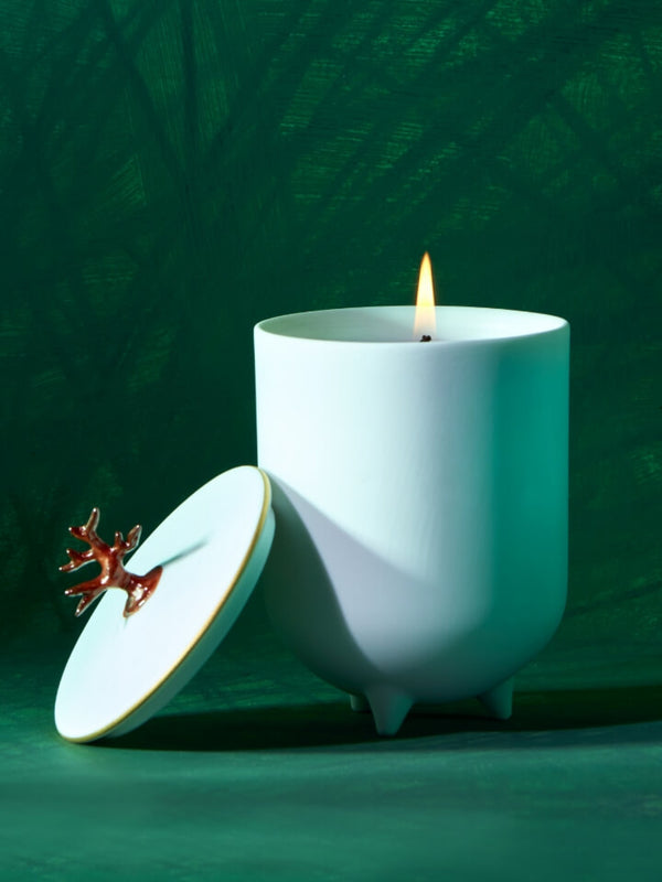 White candle in a decorative holder on a green background